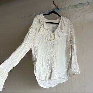 We The Free Cream Button-Down Shirt with Ruffle Detail